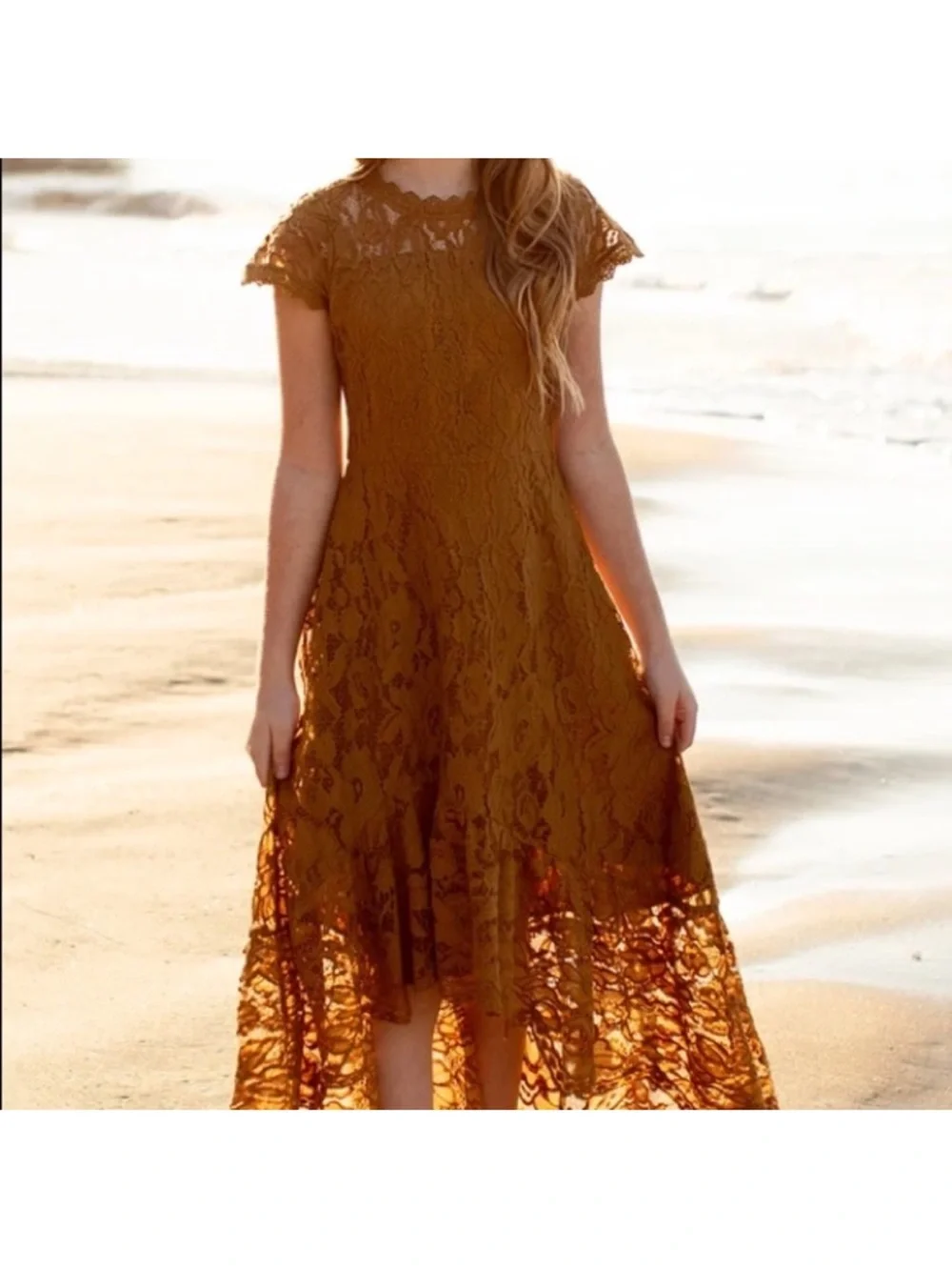Joyfolie Girls Lace Midi Dress in Mustard